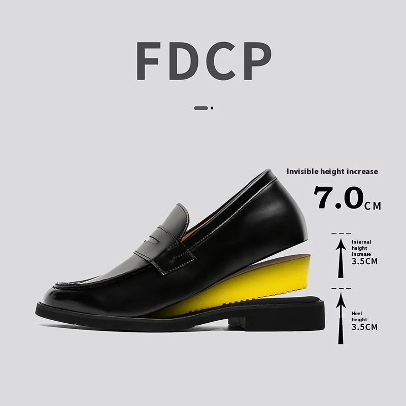 Classic black slip-on Derby leather shoes for men and women on a plain background