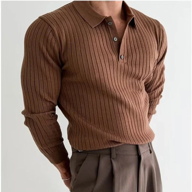 Stylish slim-fit men's knitted polo shirt in various colors, featuring a lapel button design for added sophistication