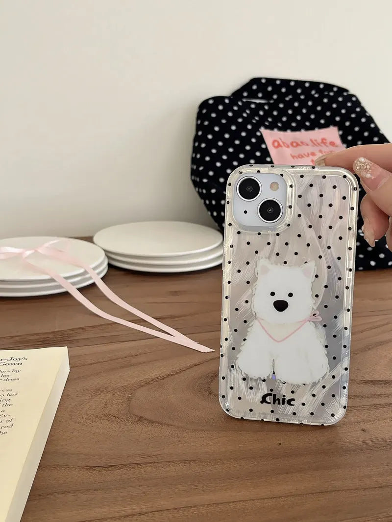 Polka dot West Highland dog TPU phone case in white feather yarn finish for Apple iPhone