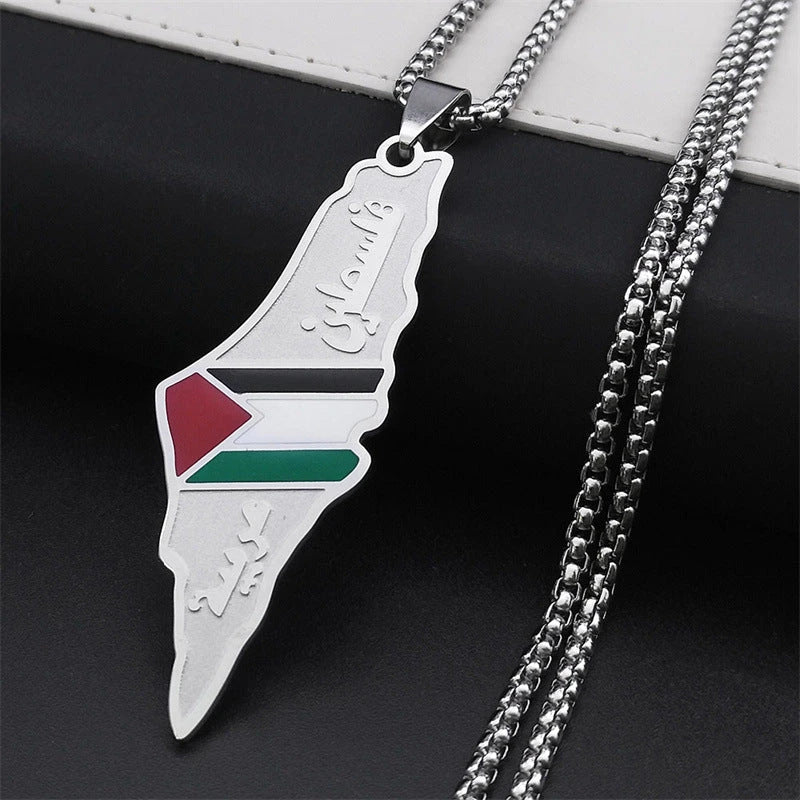 Stainless steel pendant necklaces featuring the intricate outlines of Israel and Palestine maps in silver and gold tones