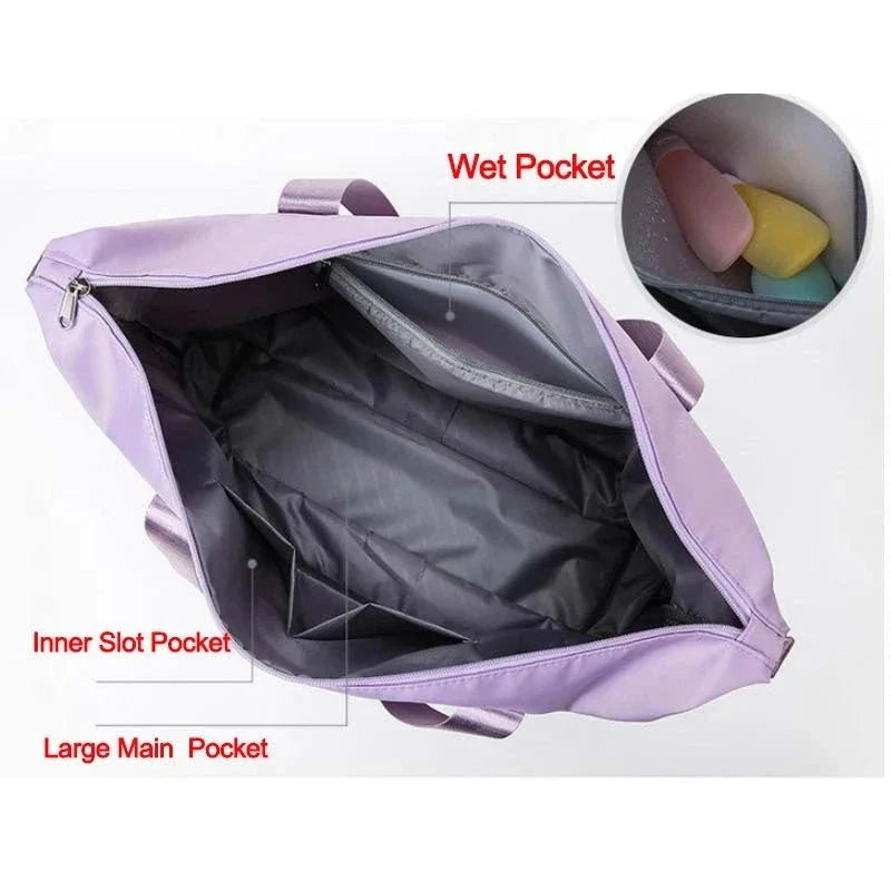 Stylish and spacious foldable travel bag for women, featuring a water-resistant Oxford cloth construction, multiple pockets, and convenient carrying options.