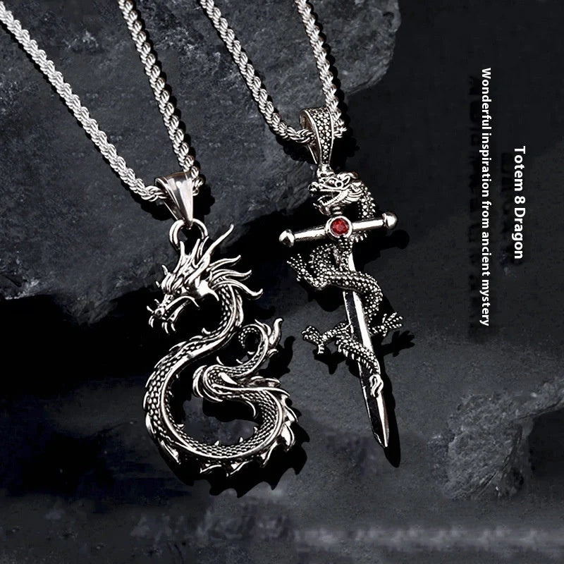 Dragon Sword Pendant Necklace with unique dragon or cross design on a 60cm hemp flower chain