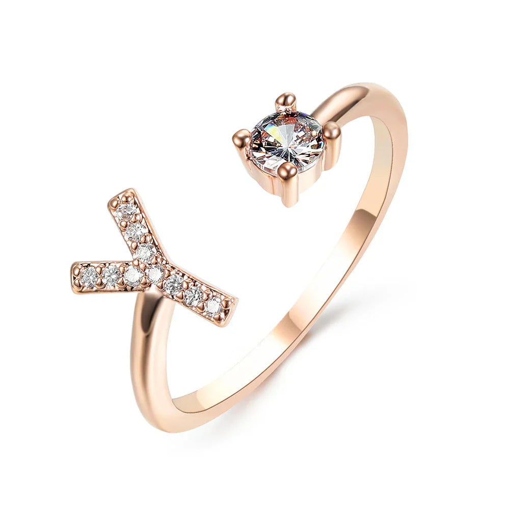 Personalized Initial Letter Crystal Ring with Adjustable Design in Gold, Silver, and Rose Gold Colors