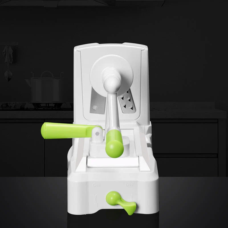 Versatile hand-powered vegetable slicer with interchangeable blades, suction base, and protective hand guard for effortless, safe meal prep