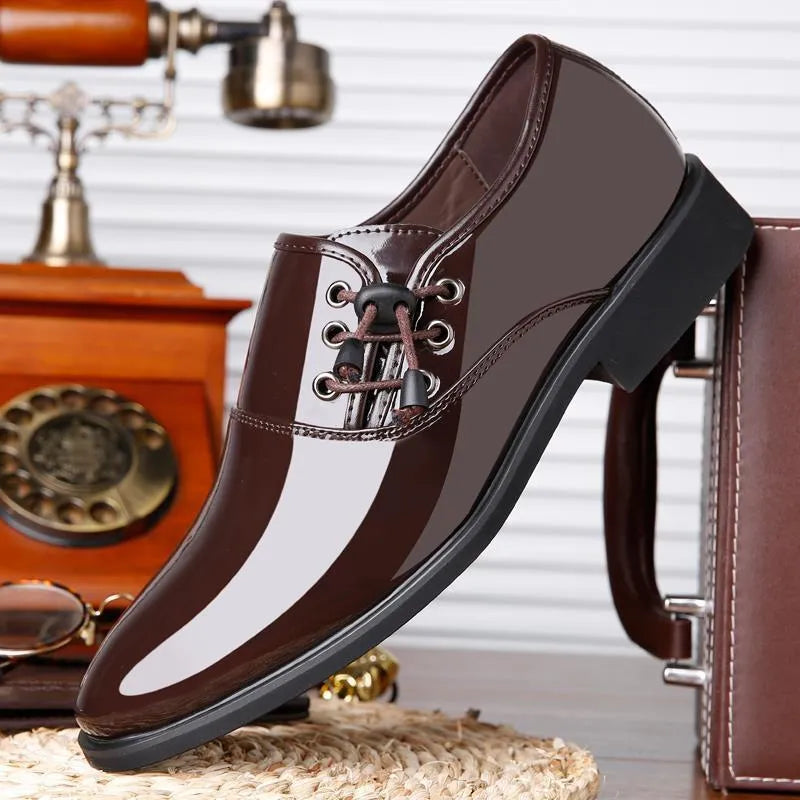 Men's black and brown formal business shoes with round toe and square heel