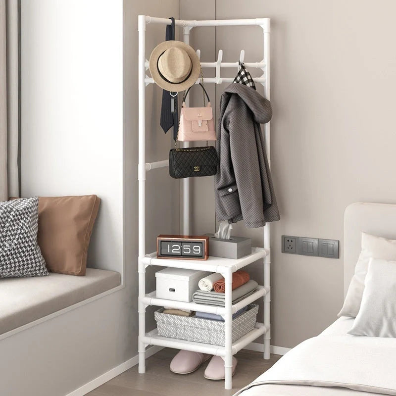 Modern stainless steel corner coat rack with multi-layer design and hooks