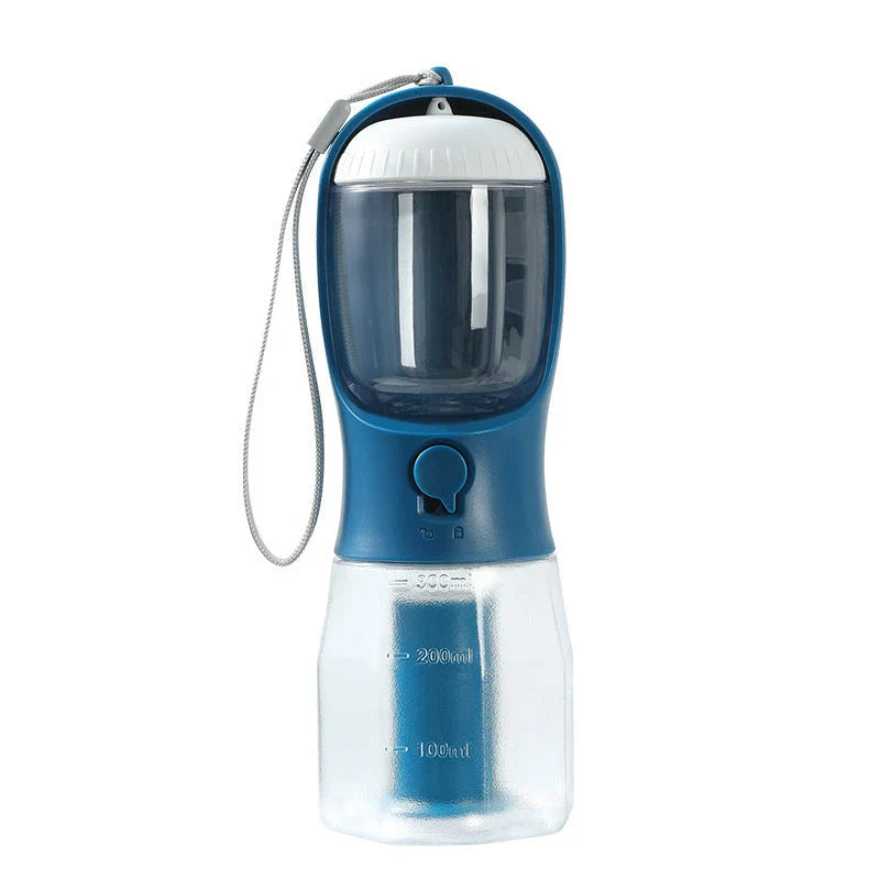 Portable 3-in-1 pet water bottle with built-in filtration system, food container, and waste bag storage compartment