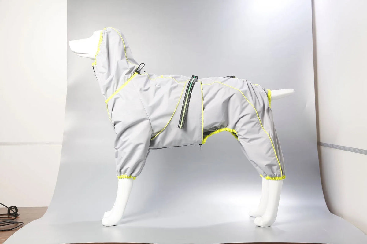 Red polyester dog shell jacket with cotton padding shown on a dog, with sports style design
