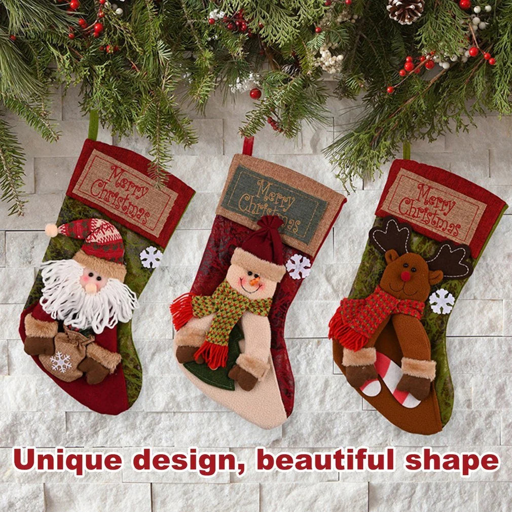 Premium Christmas stocking with 3D appliques of snowman, Santa, and reindeer for festive holiday decor