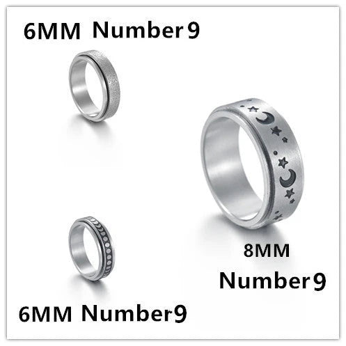 Titanium steel ring with intricate star and moon designs, available in various sizes and colors