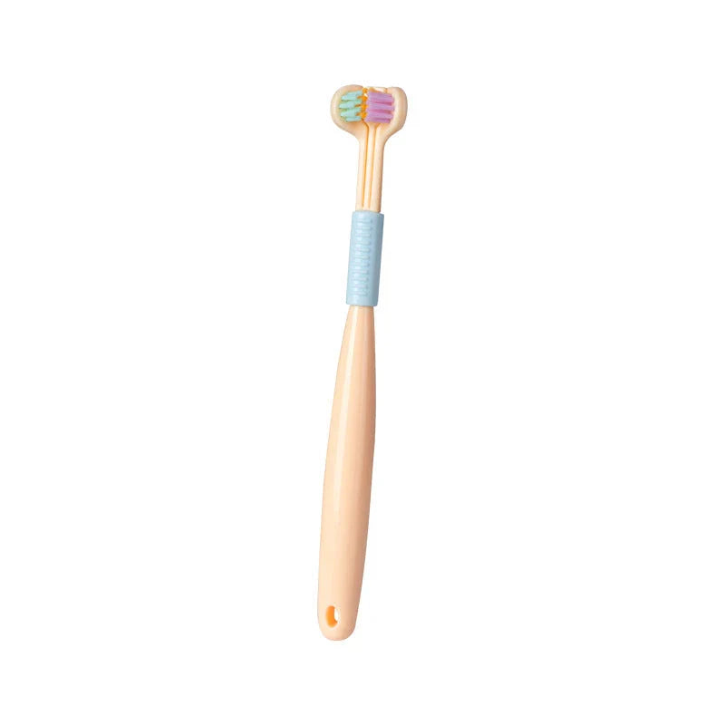 A soft bristle toothbrush with a unique triple-sided brush head for deep cleaning and customizable bristle firmness.