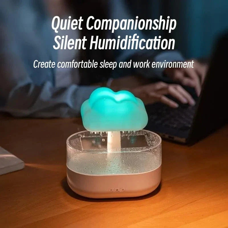 Cloud-shaped humidifier with color-changing LED lights, designed for improved air moisture and aromatherapy enjoyment