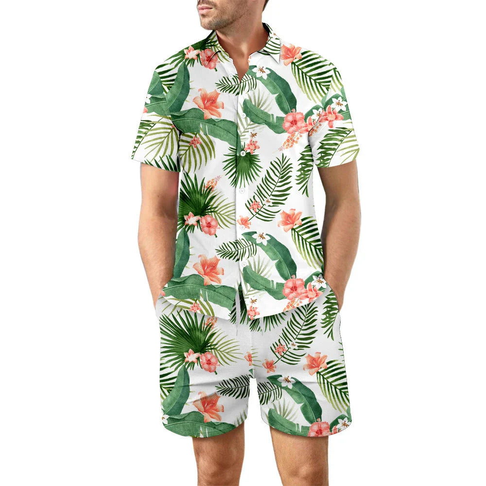 Stylish printed beach shirt and shorts set for men in various vibrant color designs