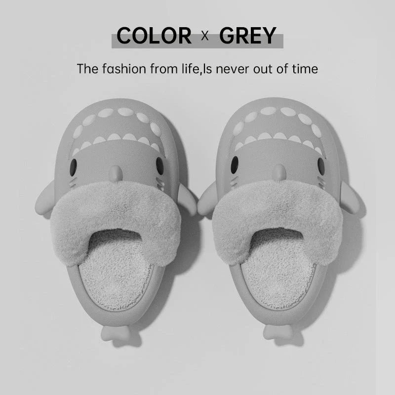 Cozy shark-inspired slippers with plush material and durable EVA soles for comfortable indoor and outdoor wear