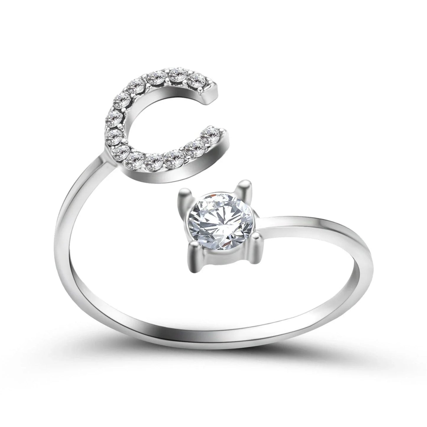 Personalized Initial Letter Crystal Ring with Adjustable Design in Gold, Silver, and Rose Gold Colors