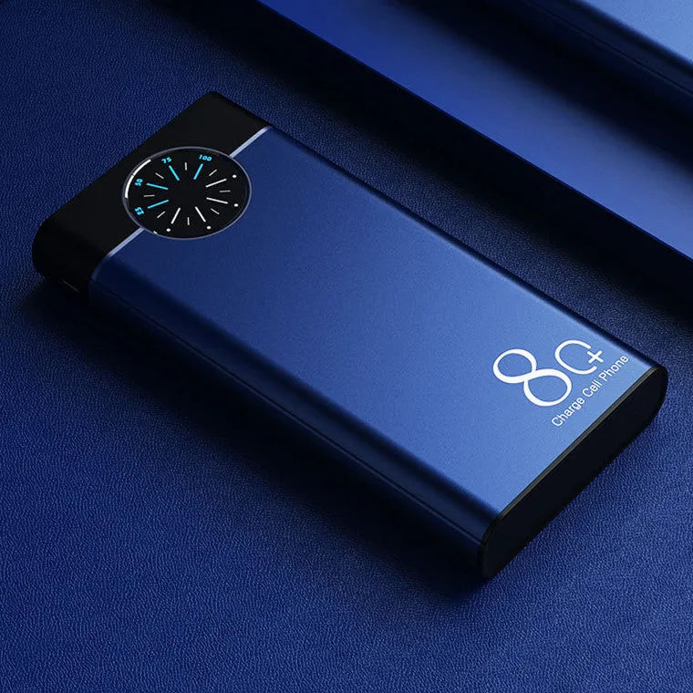 Black, red, and blue coloured 20000mAh fast charging portable power bank with alloy casing.