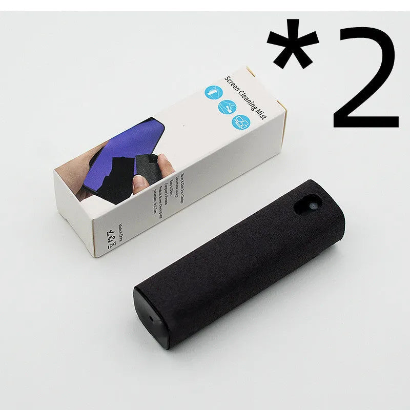 Portable all-in-one screen cleaner kit with protective shell, microfiber wipe, and internal fluid bottle.