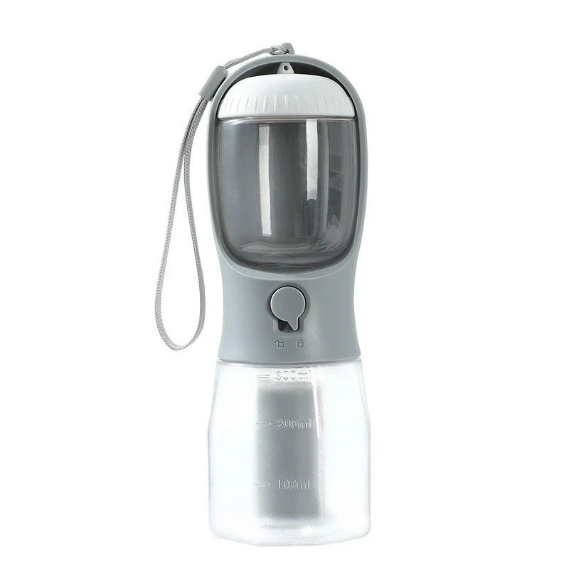 Portable 3-in-1 pet water bottle with built-in filtration system, food container, and waste bag storage compartment
