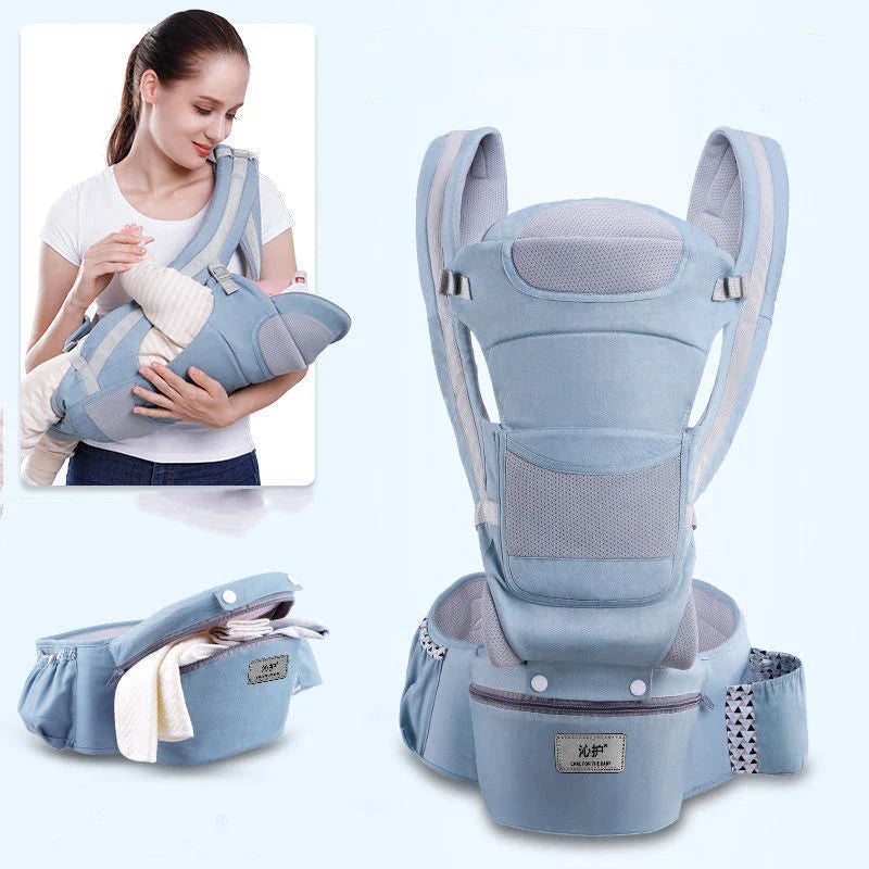 Versatile 3-in-1 baby carrier with 15 carrying positions, adjustable sunshade, and storage compartment for convenient parenting