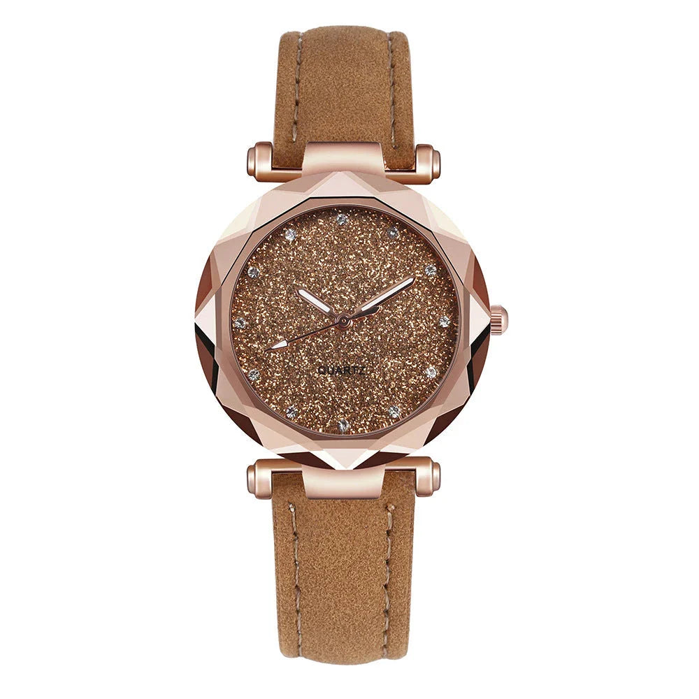 Elegant women's wrist watch with a captivating starry sky dial and leather strap, suitable for any occasion.
