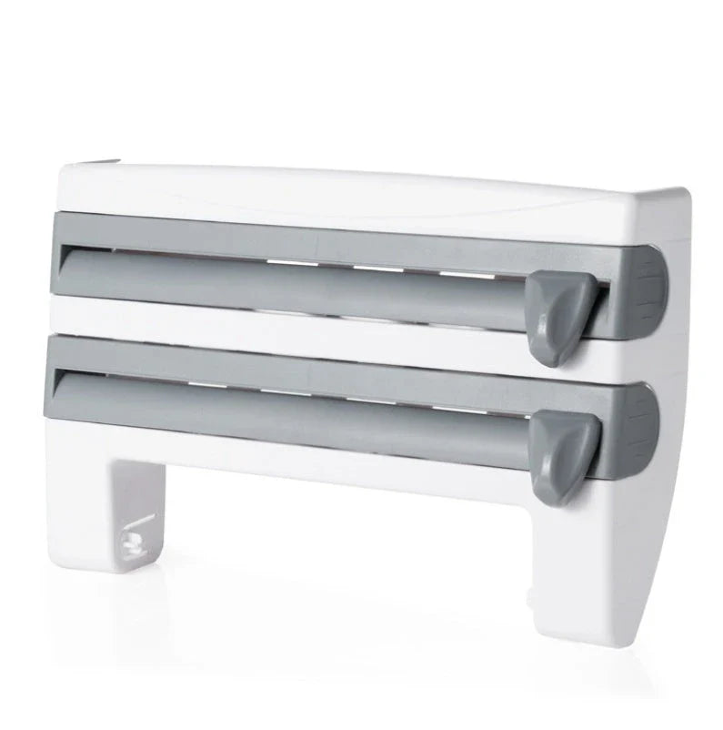 Multifunctional kitchen wall organizer with cling wrap, foil, and paper towel storage compartments and built-in cutting tools