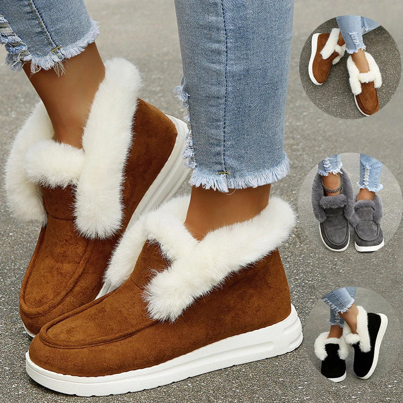 Cozy Winter Ankle Boots for Women in Black, Grey, and Brown colors with plush fur lining and low-heel design