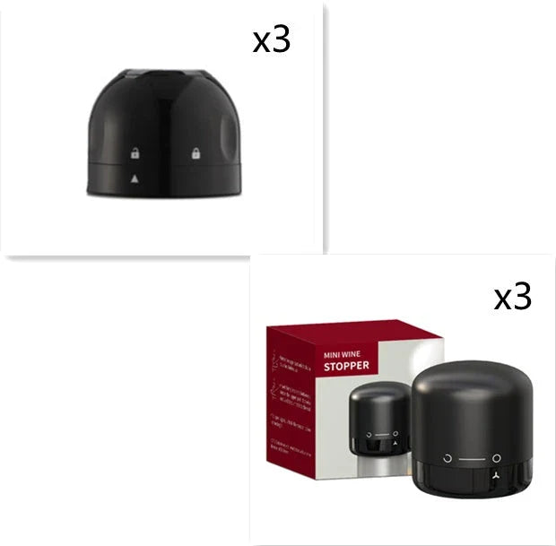 Premium black champagne and wine bottle stoppers with vacuum seal technology to preserve freshness and carbonation