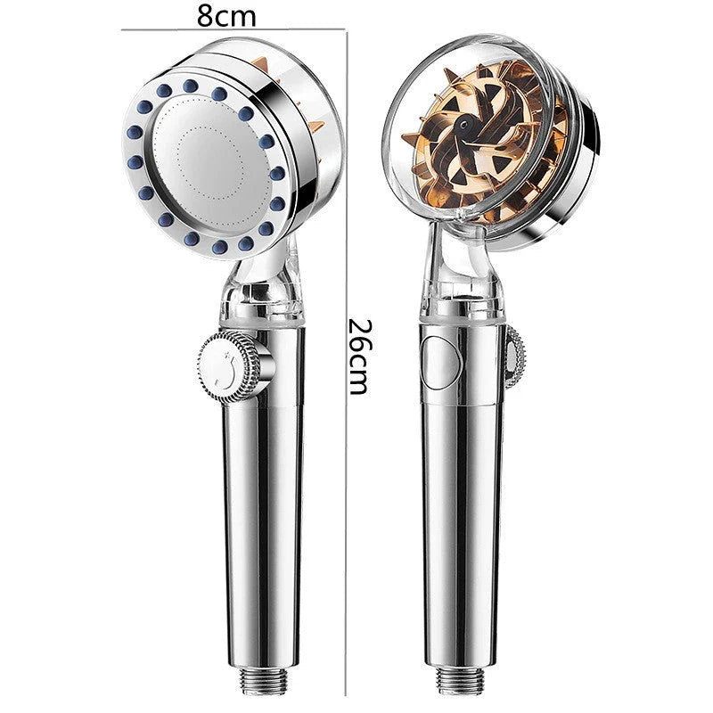 High-pressure turbo shower head with powerful water flow, made of durable ABS and stainless steel materials
