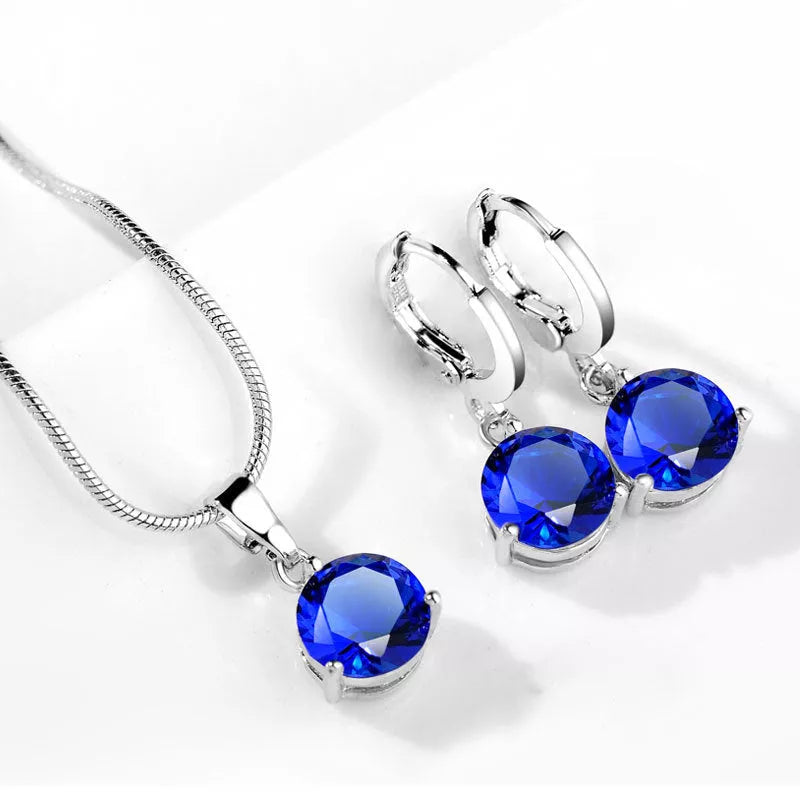 Zircon Water Drop Necklace and Earring Set with unique snake bone chain and mixed gem setting