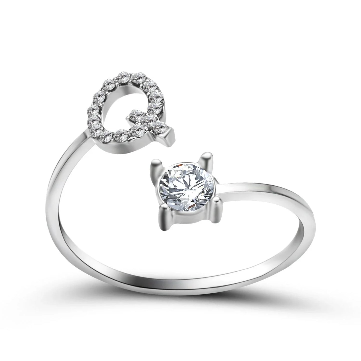 Personalized Initial Letter Crystal Ring with Adjustable Design in Gold, Silver, and Rose Gold Colors