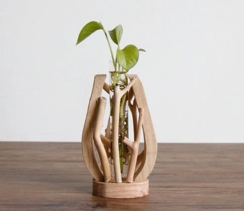 Handcrafted wooden vase with glass container for hydroponic floral displays and home decor