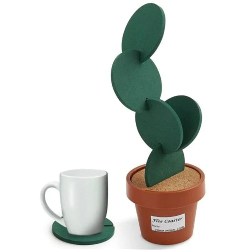 Stylish cactus-shaped coasters in a flowerpot-style holder, protecting a table from hot or cold drinks