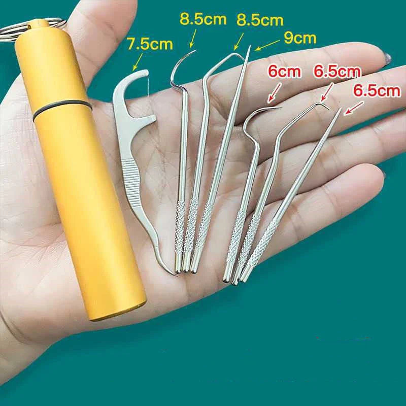 Premium stainless steel toothpick set with dental floss for portable, hassle-free dental care on the go
