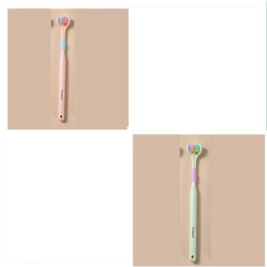A soft bristle toothbrush with a unique triple-sided brush head for deep cleaning and customizable bristle firmness.