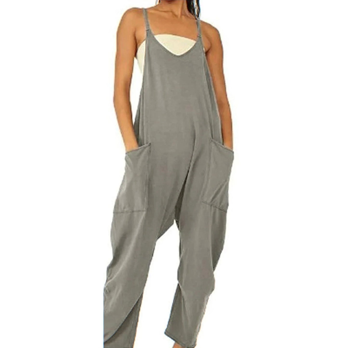 A stylish sleeveless jumpsuit with pockets and zipper closure, available in a variety of colors