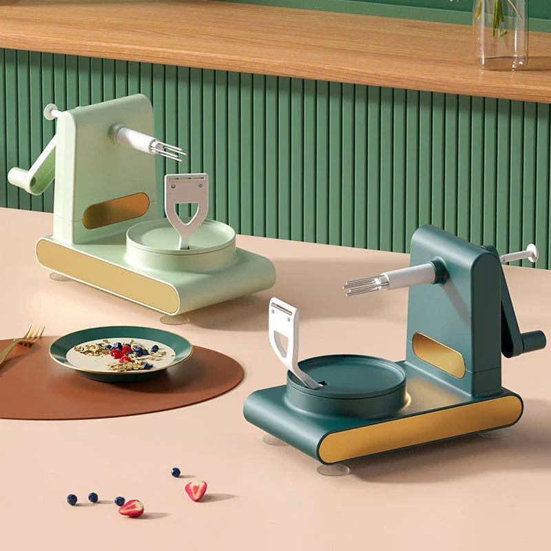 Versatile hand-cranked fruit and vegetable peeler machine with non-slip suction base and safe hand guard for effortless kitchen prep