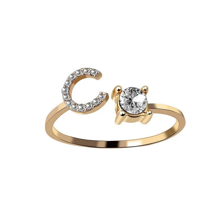 Personalized Initial Letter Crystal Ring with Adjustable Design in Gold, Silver, and Rose Gold Colors