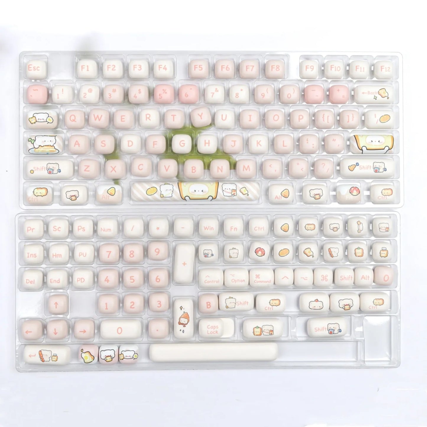 Full set of white PBT key caps with steamed bread and bear character designs for mechanical keyboards.