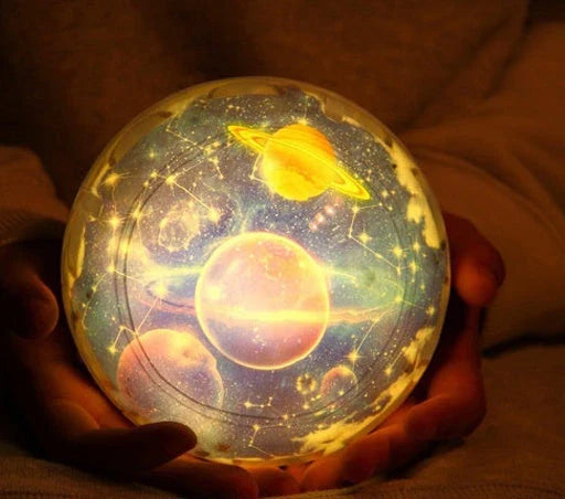 Galaxy Projection Lamp casting mesmerizing celestial imagery in a cozy home setting