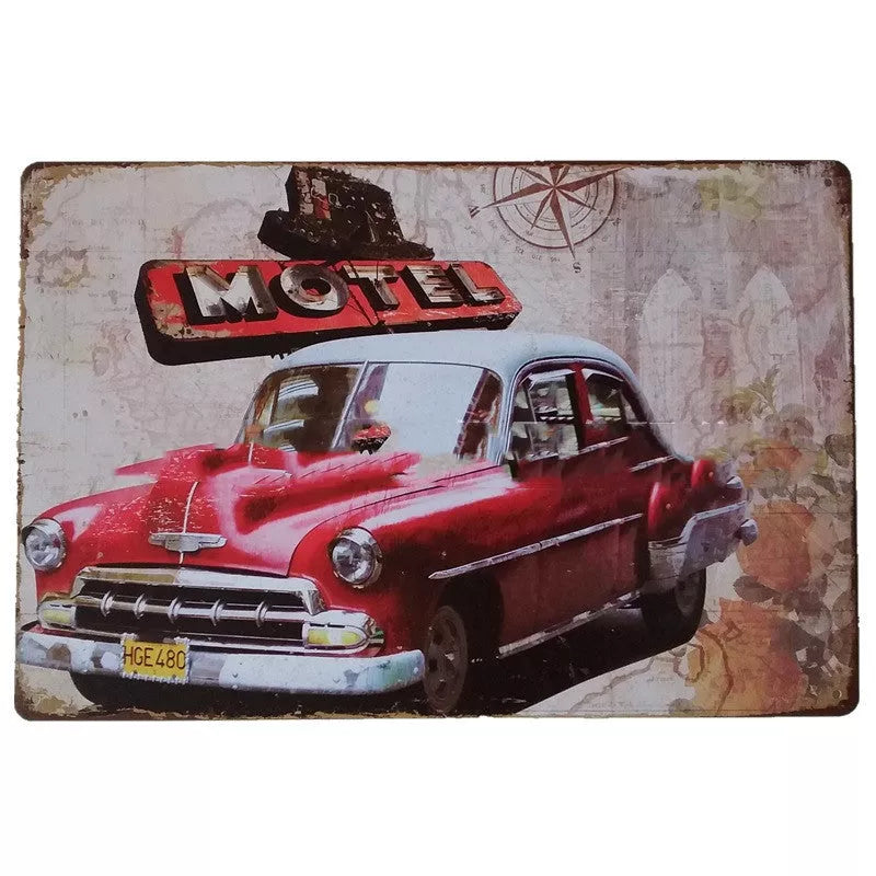 Retro tin painting metal craft with car and motorcycle design, 20*30cm