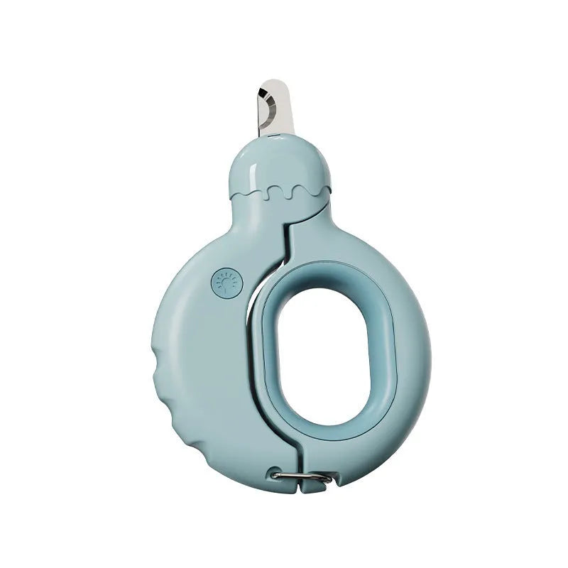 Blue pet nail clippers with LED light on for trimming cat or dog claws