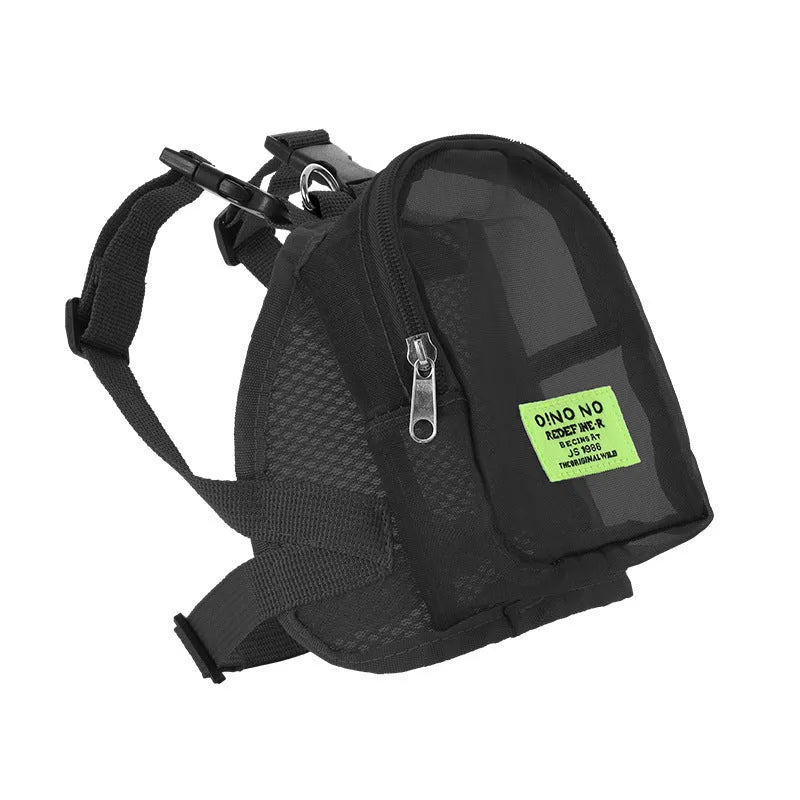 Solid colour dog backpack with breathable mesh panels for pet ventilation.