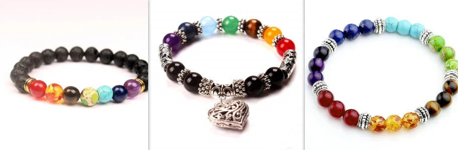 Handcrafted beaded bracelet with seven chakra-representing beads, designed to promote balance and well-being.