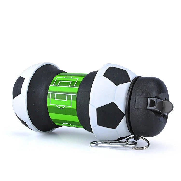 Collapsible football-shaped silicone water bottle with straw, featuring a foldable and leak-proof design for sports and travel