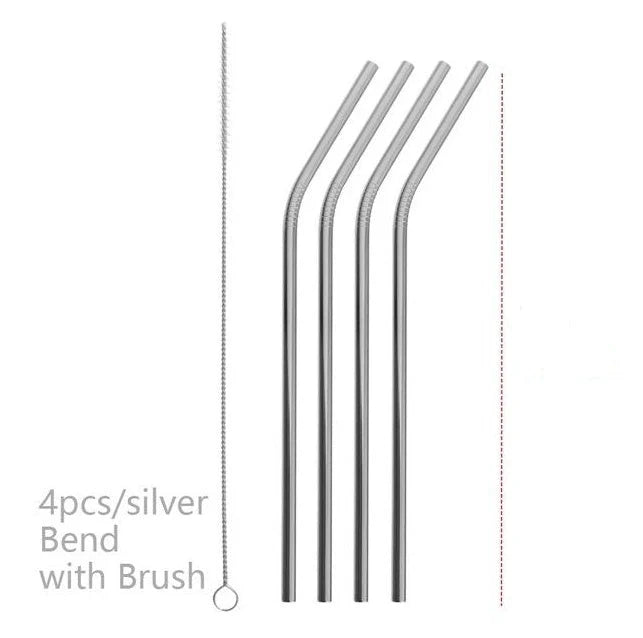 Colourful reusable stainless steel drinking straws with cleaning brush, perfect for eco-friendly sipping.