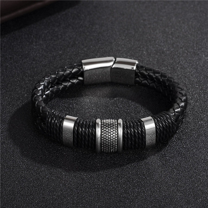 Men's black braid woven leather and titanium stainless steel bracelet
