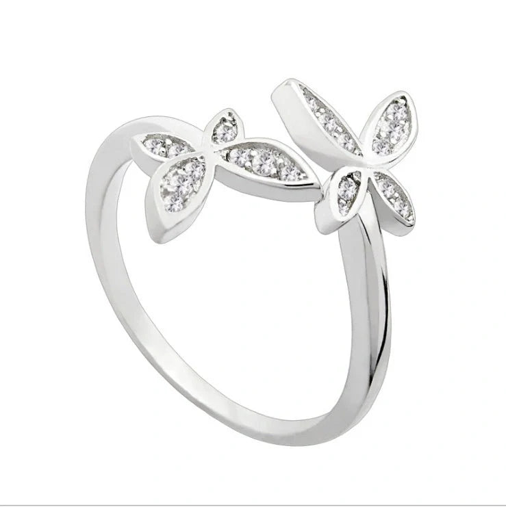 Elegant sterling silver adjustable butterfly ring with gem embellishments
