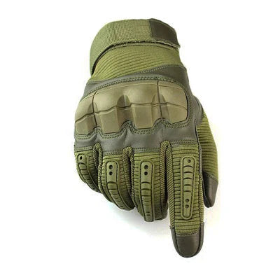 Rugged tactical gloves with reinforced knuckles, durable palm grip, and touchscreen-compatible fingers for outdoor adventures and tactical operations.