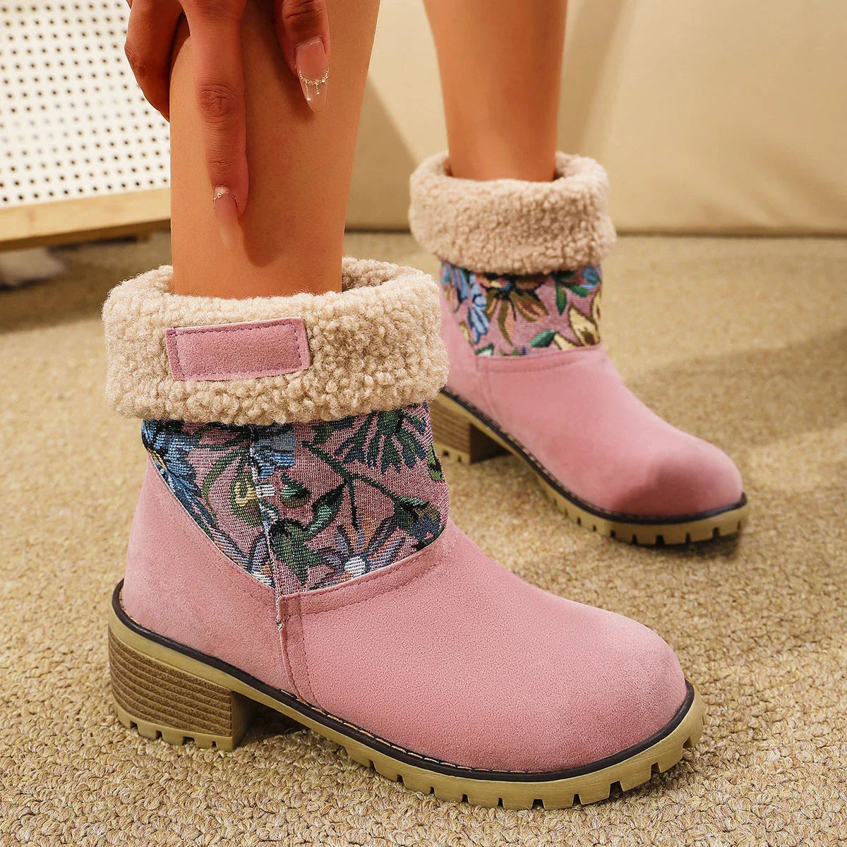 Elegant floral embroidered snow boots in various colors and sizes for women