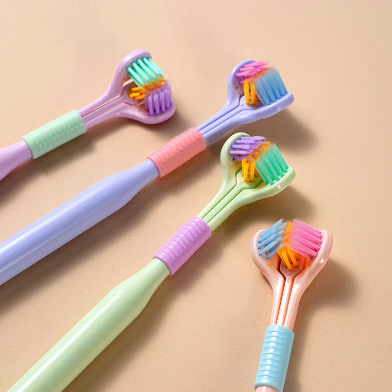 A soft bristle toothbrush with a unique triple-sided brush head for deep cleaning and customizable bristle firmness.